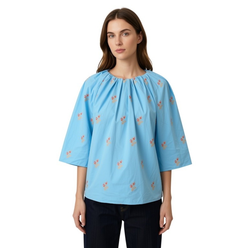 Never A Wallflower Snapdragon Top Blue Rose Floral Jacquard Cotton Blouse M NEW